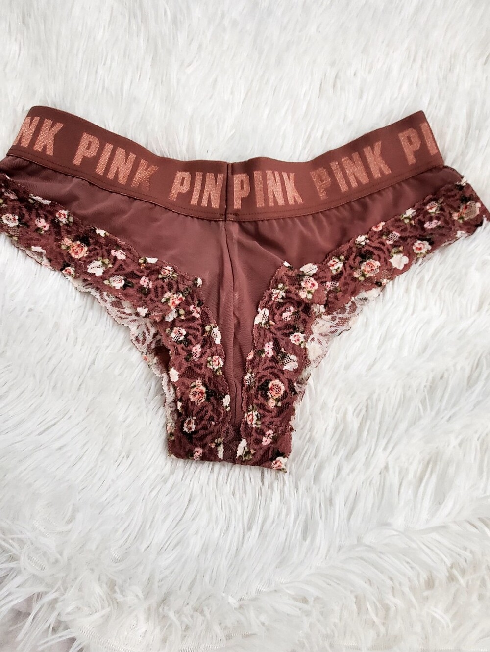 PINK Victoria's Secret Rose Brown Lace-Trim Cheeky Panty Sz S NWOT